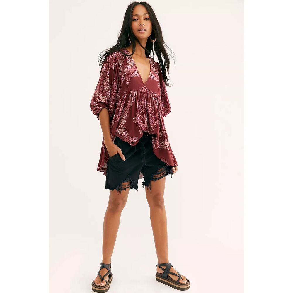 Free People Girl Talk Tunic Hi Low V Neck 3/4 Sleeves Pink Top Size Medium